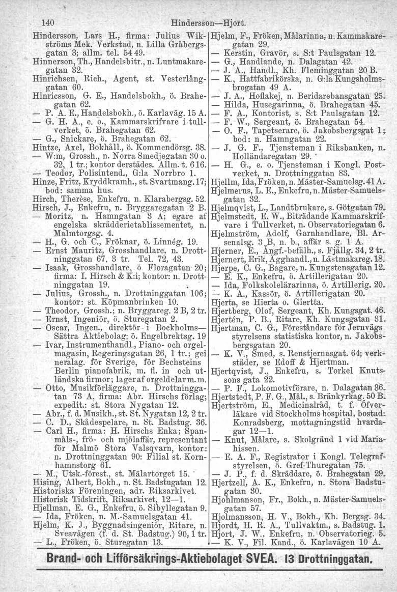 -Hindersson, Lars H., firma: Julius Wik- Hjelm, F., Fröken,Målarinna,n.Kammakareströms Mek. Verkstad, n. Lilla Gråbergs- gatan 29. gatan 3; allm. tel. 5449. - Kerstin, Gravör, s. S:t Paulsgatan 12.