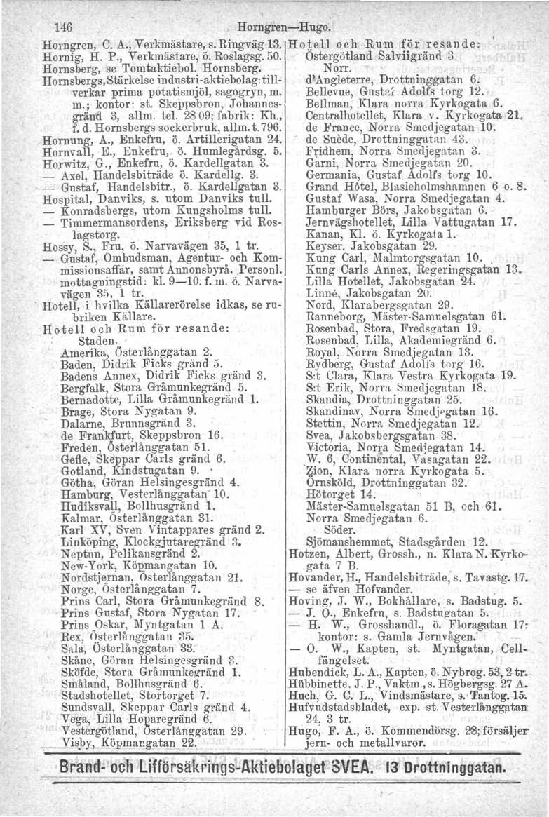 o Hotell, jer!l- 146 Horngren-Hugo. Horngren. C. A., Verkmästare, s. Ringväg 13.,H ot ell o c h Ru-m f ö r r e s a n d e: Hornig, H. P., Verkmästare, Ö. Roslagsg. 50.