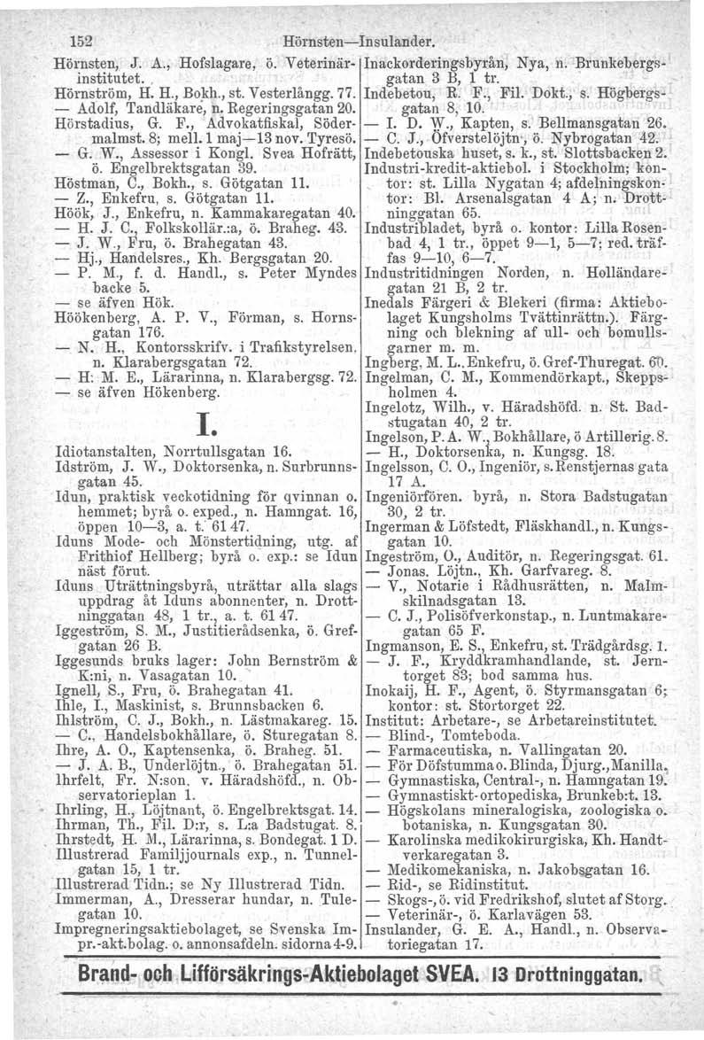 152 Hörnsten-Insulander. Hörnsten, J. A., Hofslagare, ö. Veterinär- Inackorderingsbyrån, Nya, n. Brunkebergsinstitutet... gatan 3 B, 1 tro Hörnström, H. H., Bo)l:h.,st. Vesterlångg. 77. Indebetou, R.