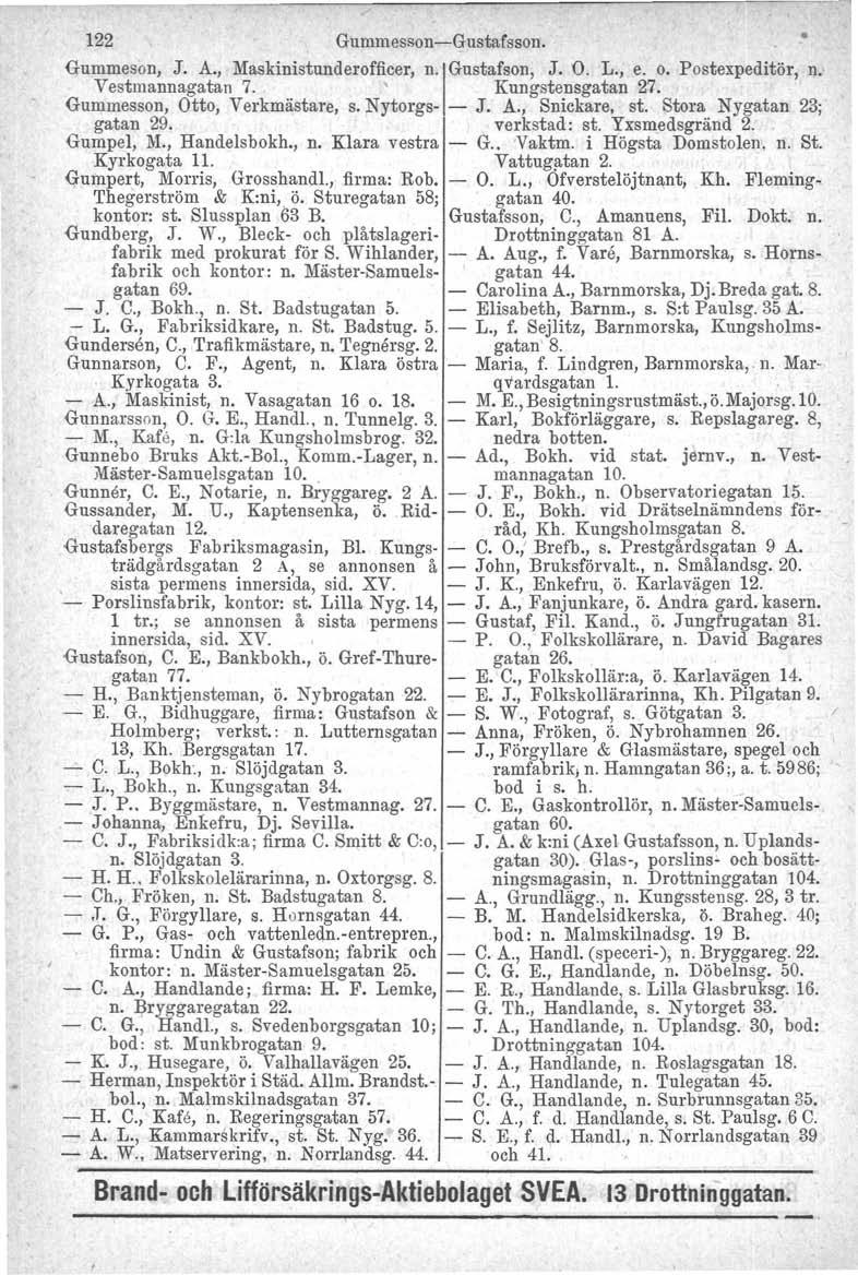 122 Gummesson-Gustafsson. Gummeson, J. A., Maskinistunderofficer, n'jgustafson, J. O. L., e. o. Posterpeditör, n. Vestmannagatan 7. Kungstensgatan 27. Gummesson, Otto, Verkmästare, s. Nytorgs- - J. A., Snickare, st.