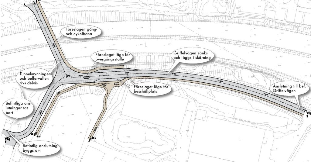 Föreslagen alternativ utformning med T-korsning (alternativ 2). Den föreslagna korsningen kan signalregleras, alternativt signalregleras endast övergångsstället.