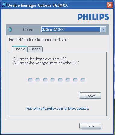 8 Uppdatera den fasta programvaran med hjälp av Philips Device Manager 3 Anslut MINI till datorn.» När enheten är ansluten, visas "SA4MINXX" i textrutan.