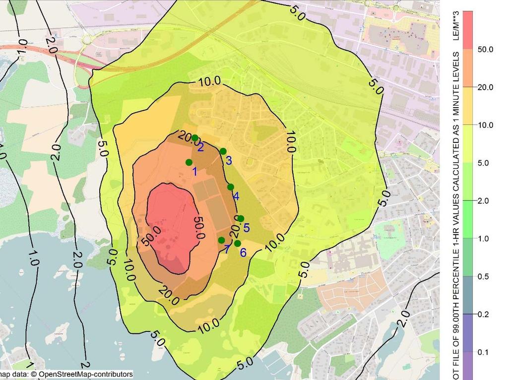 Figur 6-3 Scenario 1 dagens situation alla verksamheter. Resultatet presenteras som högsta minutmedelvärde uttryckt som 99-%-iler.