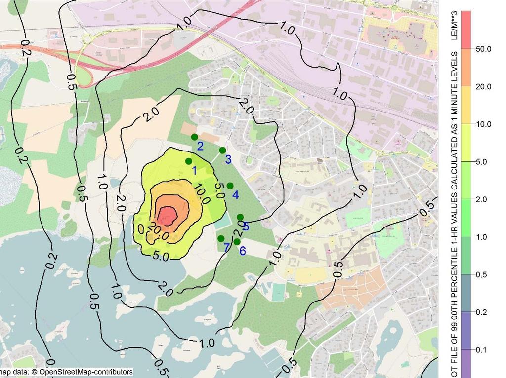 I följande figur presenteras resultatet för Scenario 1a, vilket motsvarar dagen situation med enbart luktbidraget från Kalmar Vatten. Figur 6-4. Scenario 1a dagens situation bidrag Kalmar Vatten.