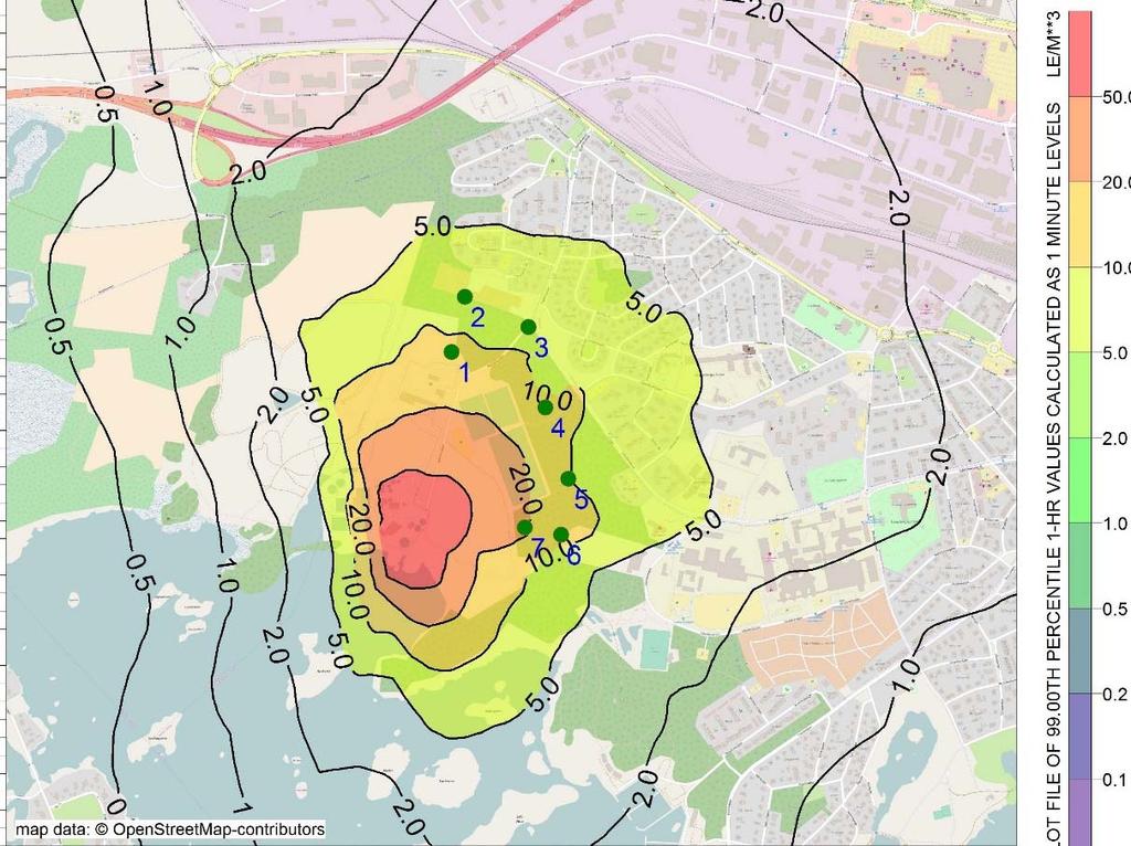 I följande figur presenteras resultatet för Scenario 1c, vilket motsvarar dagen situation med enbart luktbidraget från KLS Ugglarps. Figur 6-6. Scenario 1c dagens situation bidrag KLS Ugglarp.