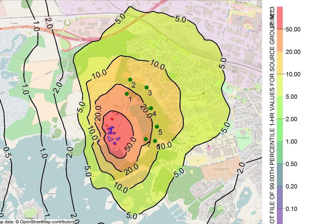 6.5.2 Framtida situation med ombyggt reningsverk I följande figur presenteras resultatet för Scenario 2, vilket motsvarar framtida situation med luktbidraget från samtliga verksamheter medräknade.