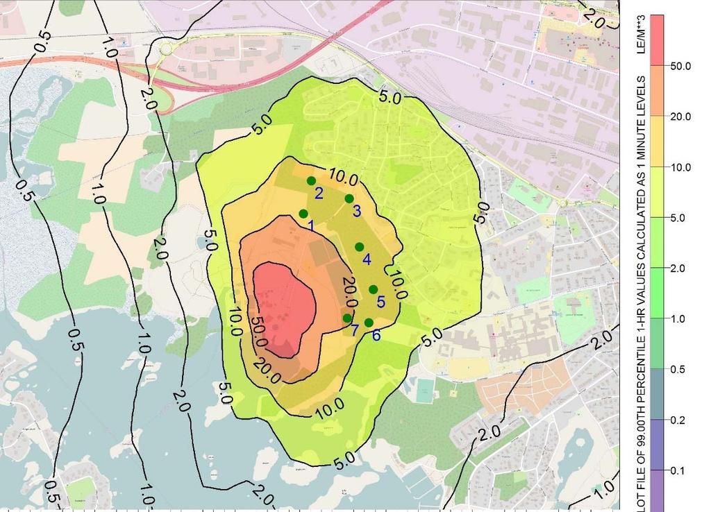 I följande figur presenteras resultatet för Scenario 2a, vilket motsvarar luktbidraget från Kalmar Biogas och KLS Ugglarps i framtiden om inga ytterligare åtgärder vidtas vid dessa anläggningar