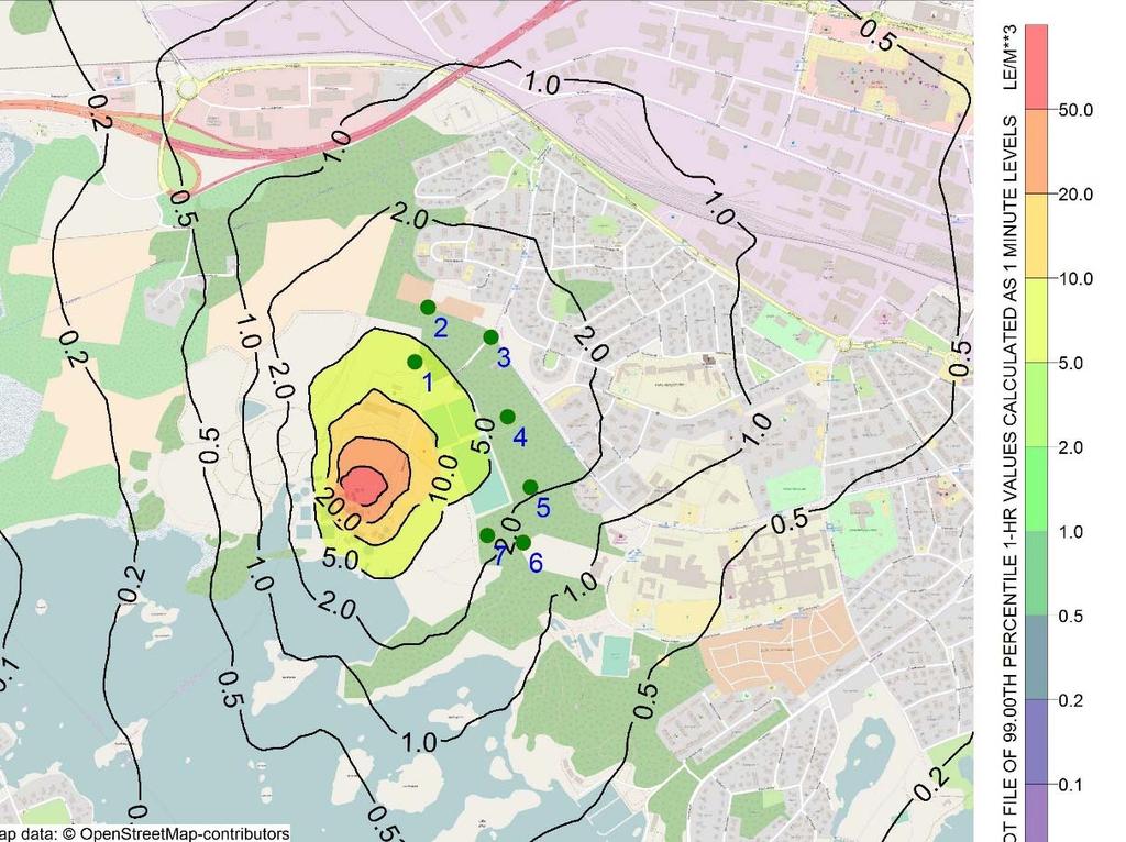 I följande figur presenteras resultatet för Scenario 2b, vilket motsvarar luktbidraget från Kalmar Vatten efter om-och tillbyggnad av reningsverket. Figur 6-9.