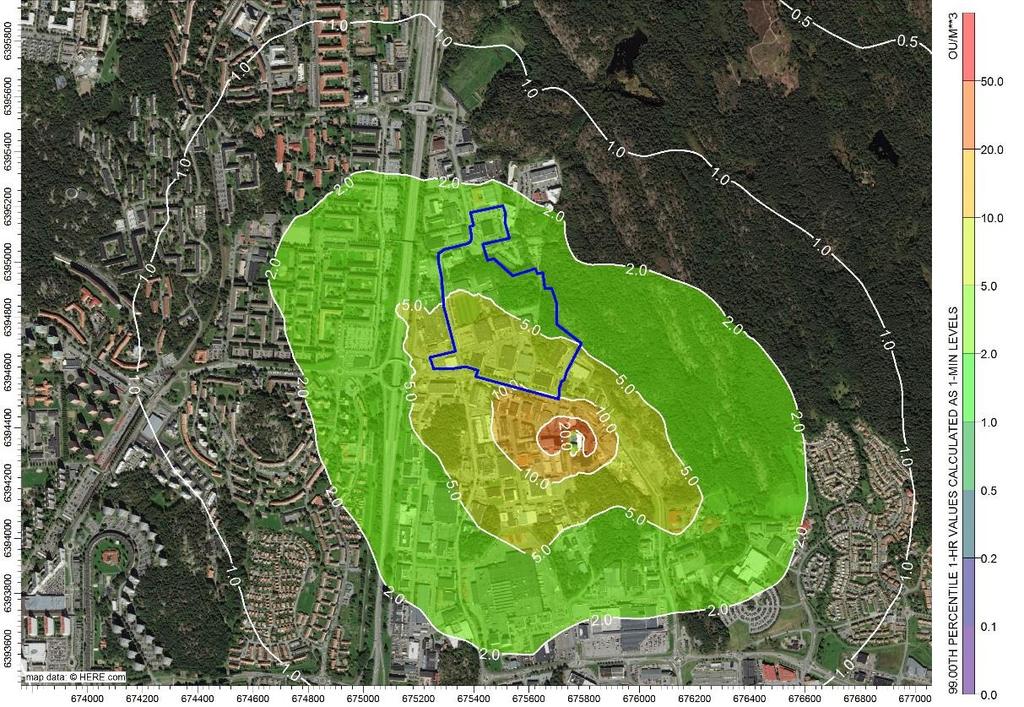 8.1.3 Luktnivå vid 50 meter ovan mark Figur 11. Nuvarande luktsituation 50 meter ovan mark. Luktnivåerna redovisas som timmedelvärden (99-percentil) beräknade som minutvärden.
