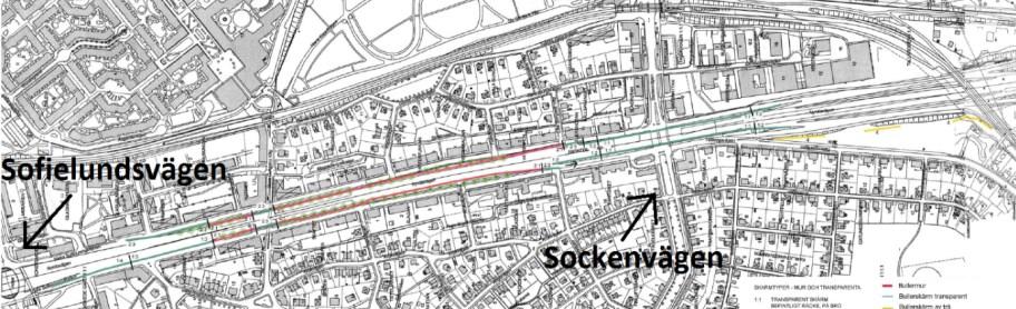 Sida 2 (8) Översiktsbild av området(grönt=glas, rött=betong, gult=trä) Bakgrund Nynäsvägen genom Gamla Enskede är en av de mest trafikerade infartslederna mot Stockholm med drygt 100 000 passerande