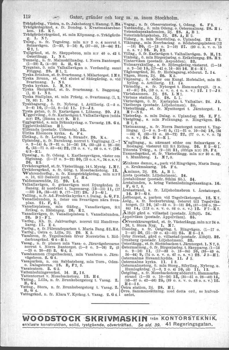 112 _o, Gator, gränder och torg m. m. inom Stockholm. ~rädgårdsg., Västra, n.fr.jakobstorgt.hamng.1.d4; Vegag., n. fr. ObservatOrieg:~. Odeng. 6. F2. Trädgårdsgränd, s. fr. Bondeg. t. Kvaatmakarebao- Verdandig.