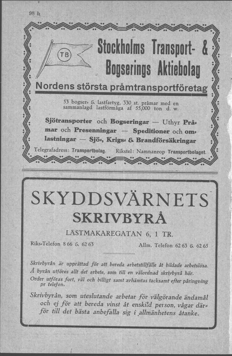 98 1>. Stoc~holms Transport- &. Bogserings A~tiebolag ----------------- 1_ Nordens största pråmtransporttöretag 53 bogser. &. lastfartyg, 330 st. pråmar med en sammanlagd lastförmåga af 55,000 ton d.