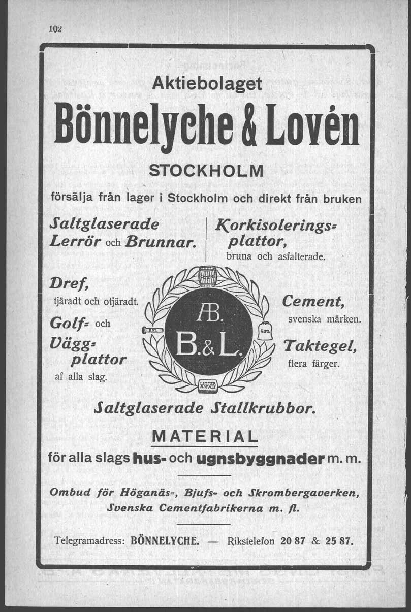 102, \ Aktiebolaget Bönnelyche &:Loven STOCKHOLM försälja från lager i Stockholm och direkt från bruken Saltglaserade' Lerrör och Brunnar. Dref, tjäradt och otjäradt. Golf. och Vägg.