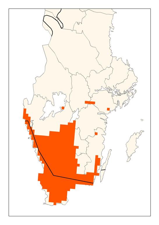 Figur 1. Svenskt utbredningsområde (till vänster) och förekomstareal (till höger). Förekomstkartan visar vilka ETRS-rutor som innehåller någon areal 9130.