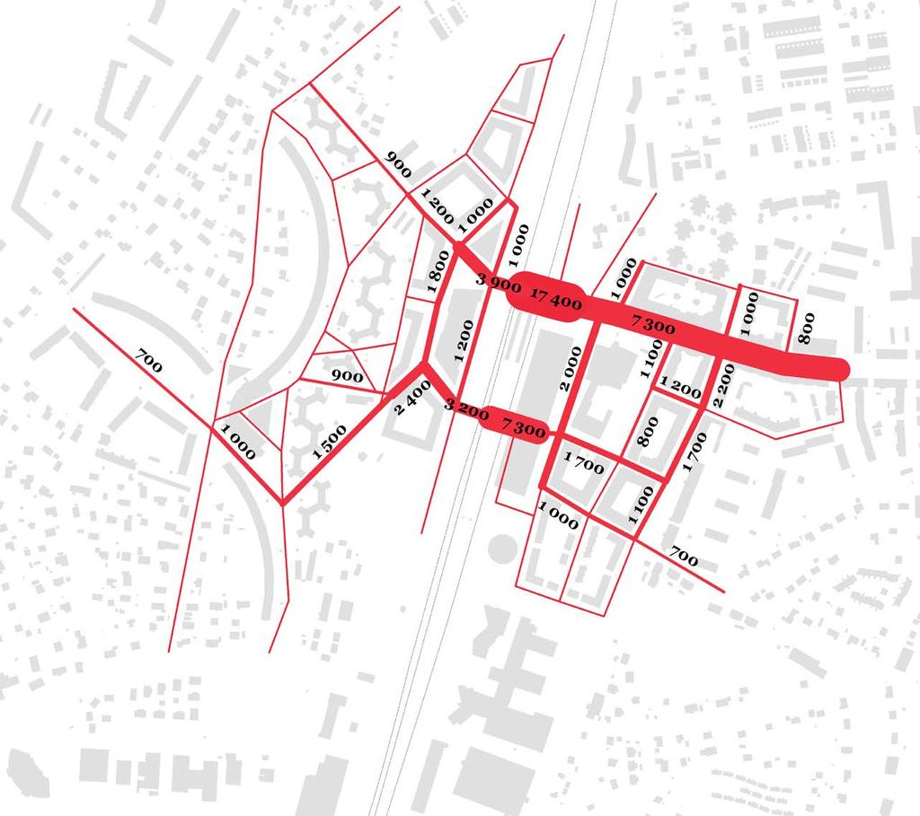 BEDÖMNING AV GÅNGFLÖDEN 2040 I TRAPPAN MELLAN DEN NORRA BRON OCH ÖSTRA TORGET ÄR FLÖDET SOM HÖGST Då uppskattningar saknas för hur rörelserna mellan bussarna och tågen ser ut har vi antagit att 2/3