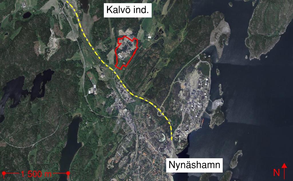 Figur 4. Satellitkarta för omgivningen kring planområdet Kalvö verksamhetsområde (röd linje). Väg 73 i gult. 2.