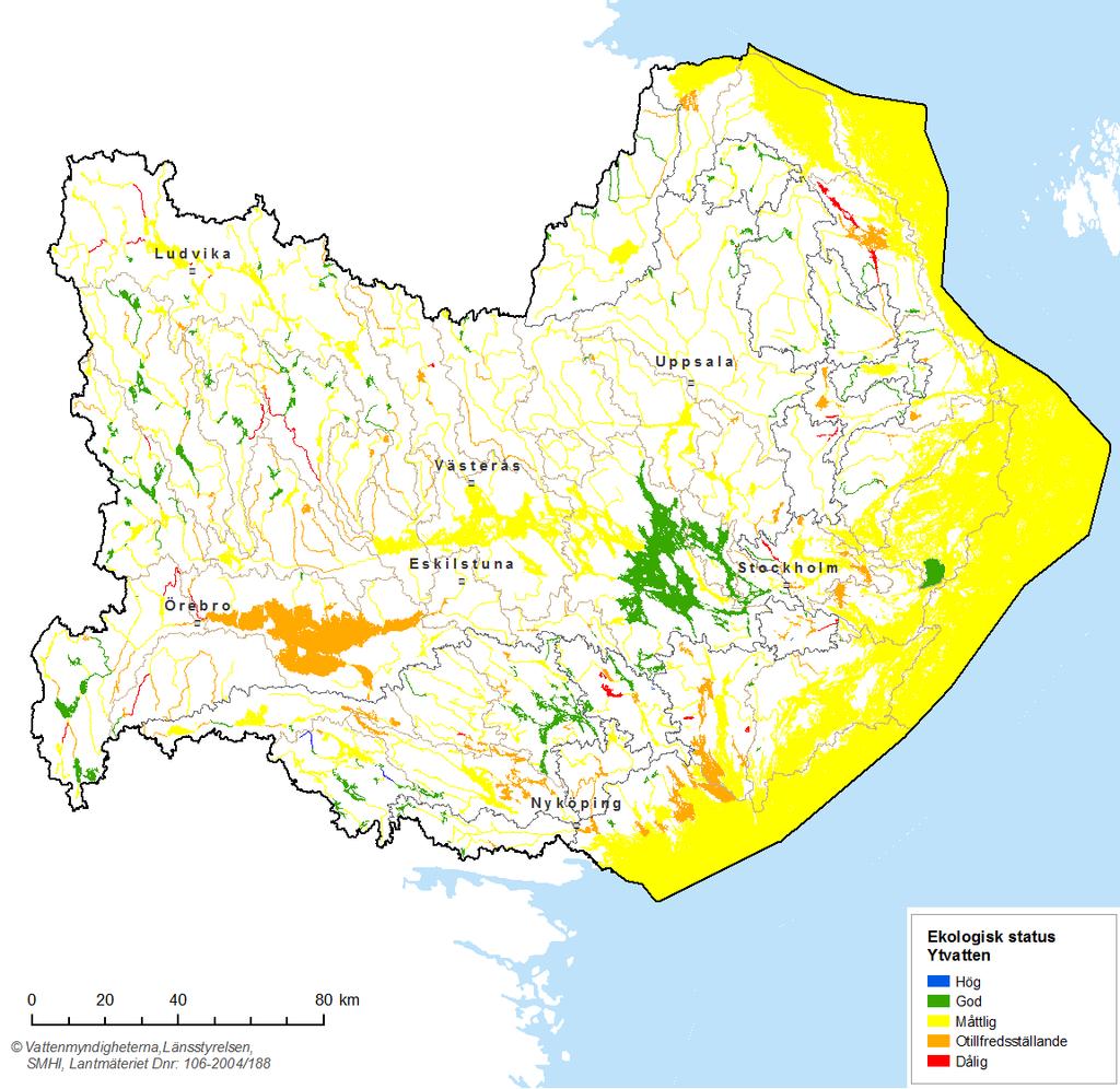 Karta 2.9. Ekologisk status i Norra Östersjöns vattendistrikt. Uppgifterna till kartan är hämtad från VISS 20150815, där detaljerade kartor över Sveriges alla vattenförekomster finns samlat.