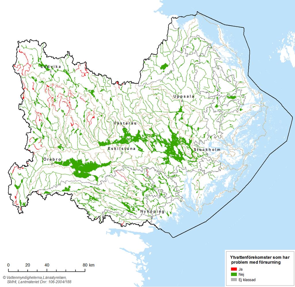 Karta 2.21. Ytvattenförekomster som har problem med försurning. Uppgifterna till kartan är hämtad från VISS 20150815, där detaljerade kartor över Sveriges alla vattenförekomster finns samlat.