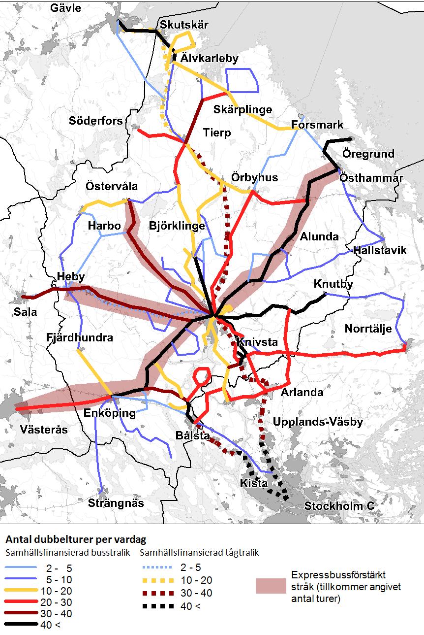 3 (17) Den samhällsfinansierade regiontrafiken idag inom, till och från Uppsala län. Exklusive skoloch gymnasielinjer och sjukresebussar. Tätortstrafik och stadstrafik ingår inte heller i kartan.