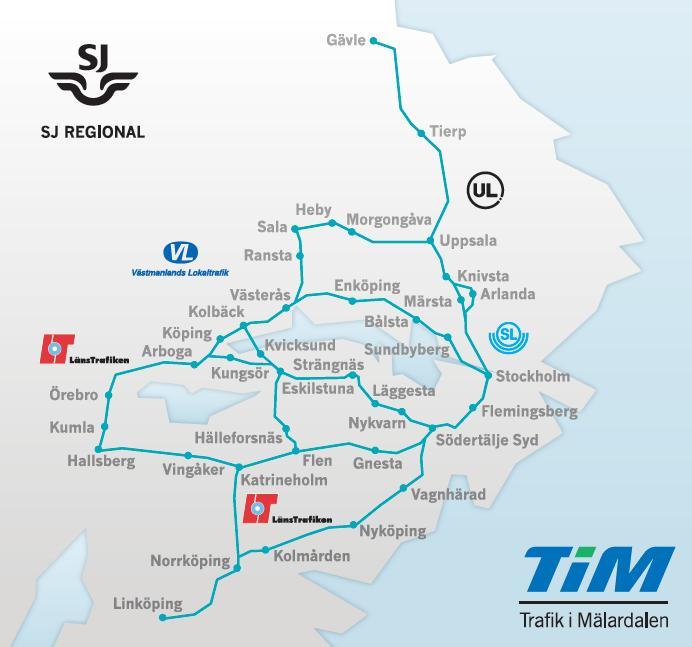 5 (17) Sträckor och stationer som omfattas av TiM-avtalet. Källa: TiM. Några regionala kollektivtrafikmyndigheter i Mälardalen driver länsöverskridande pendeltågstrafik.