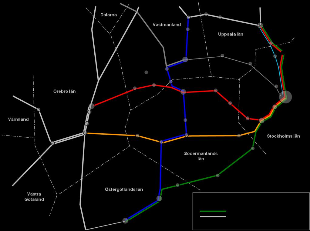 8 (17) Exempel på linjer med regionaltåg inom TiM-området i ett möjligt storregionalt stomnät.