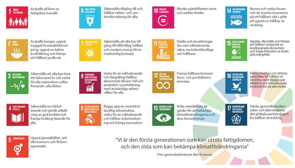 Internationella mål och policyramverk för miljö och hälsa De globala hållbarhetsmålen Agenda 2030 De översiktliga målen inom Agenda 2030 är att avskaffa extrem fattigdom, minska ojämlikheter och