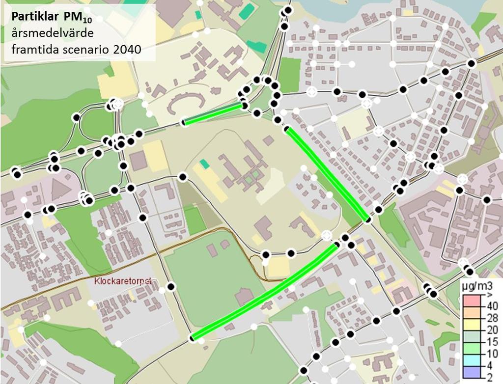 Tabell 7 Partikelhalten i de tre beräkningssnitten vid ett framtida scenario med full utbyggnad enligt detaljplan, halterna redovisas som medelvärdet av halterna på vardera sida vägen.