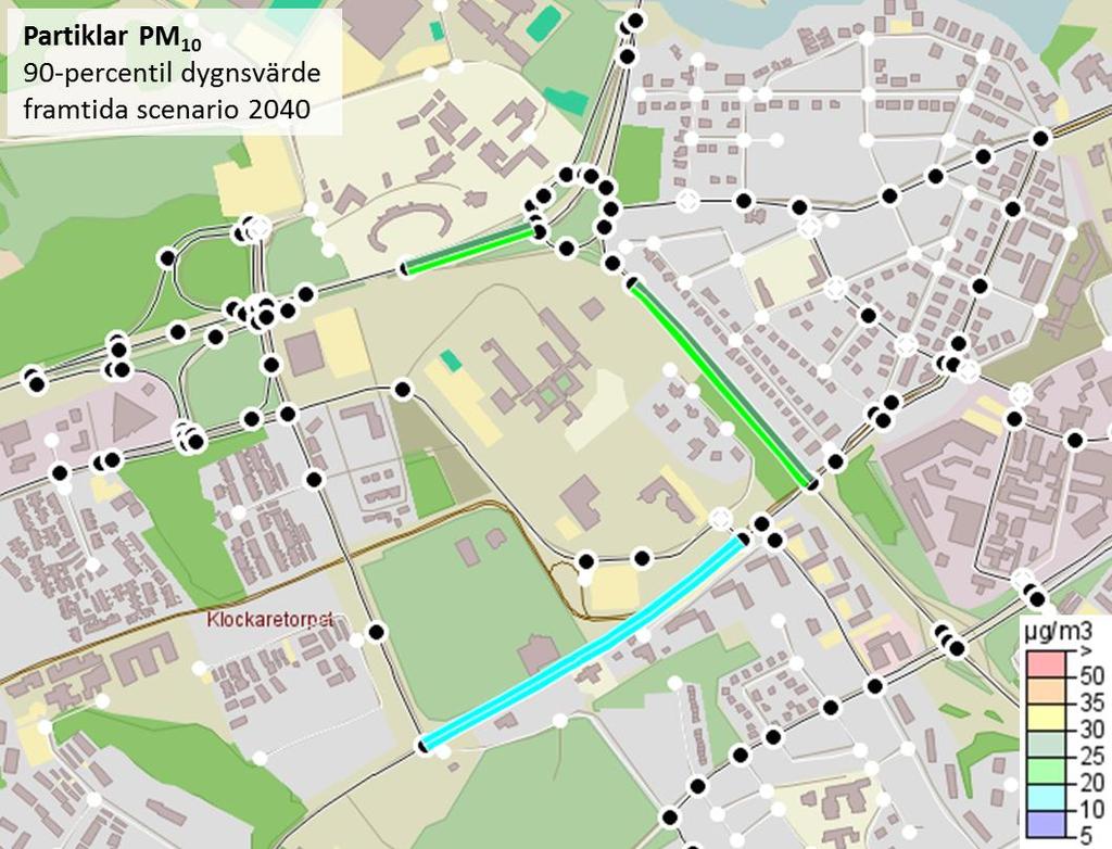 Figur 3 90-percentil dygnsvärde av partikelhalten vid respektive receptoravstånd, på vardera sida av de tre undersökta vägarna vid ett framtida scenario med full utbyggnad enligt detaljplan. 5.