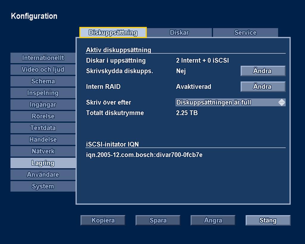 Divar 700-serien Avancerad konfiguration sv 99 6.10 Lagring Via menyn Lagring hittar du information om hårddiskar och LUN-enheter för iscsi-lagring. Bild 6.