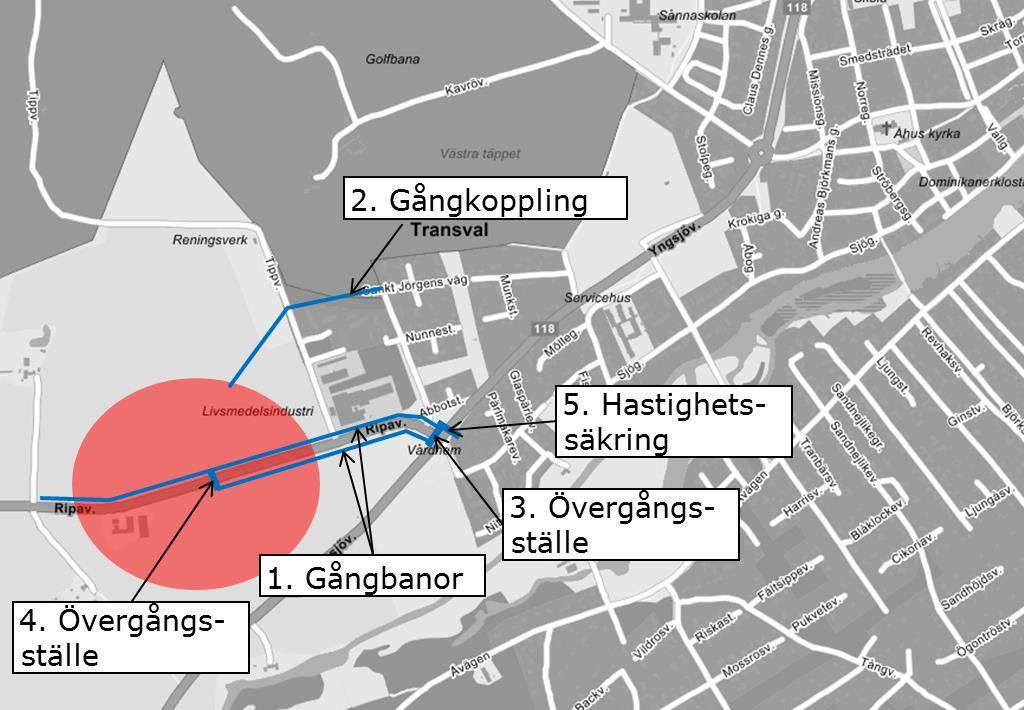 3. Ett hastighetssäkrat övergångsställe över Ripavägen vid korsningen med väg 118, så att gående på Ripavägens södra sida ska kunna fortsätta mot centrala Åhus längs med väg 118. 4.