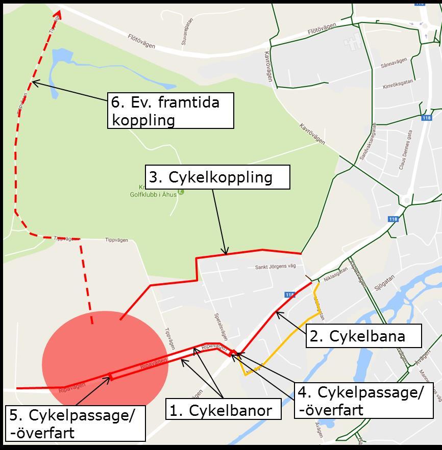 1. Cykelbanor längs med Ripavägen utmed området. 2. Cykelbana längs med väg 118, på södra sidan. 3.