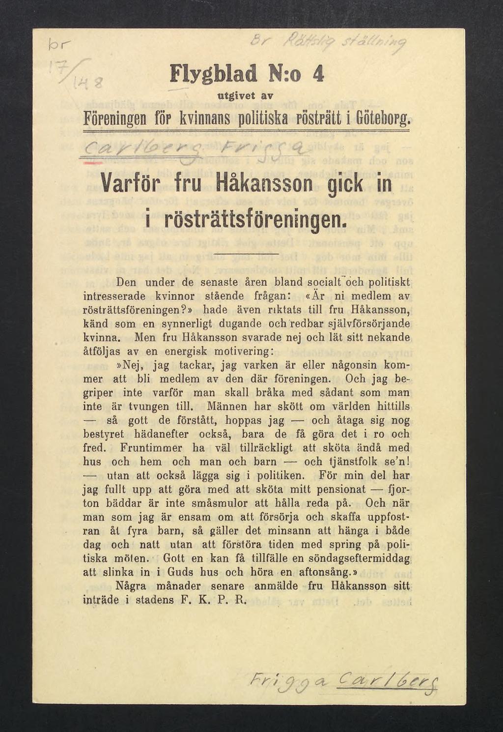 Flygblad N: 4 utgivet av Föreningen ffip kvinnans politisk rosträtt i ftotflhopg. (T A?