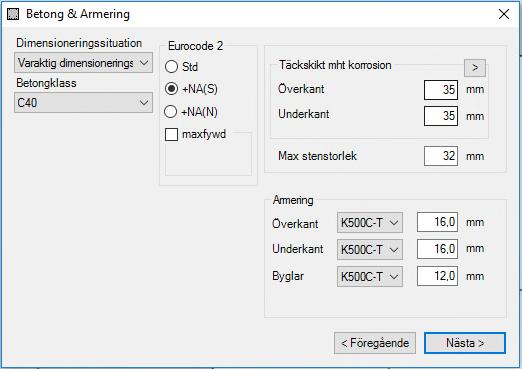 caeec230 Genomstansning Sidan 7(18) 3.2.1 Betong & Armering När guiden startas visas en ny dialogruta där indata för Betong & Armering skall anges (dessa instruktioner gäller även när indata matas in manuellt), se Figur 3.