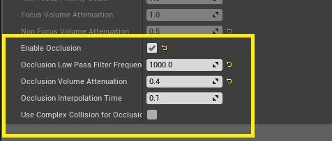 Figur 4: Inställningar för ocklusion i Unreal Engine 4. När både efterklang (reverb) och ocklusion används tillsammans i en spelsekvens måste även ocklusionen av efterklangen has i åtanke.
