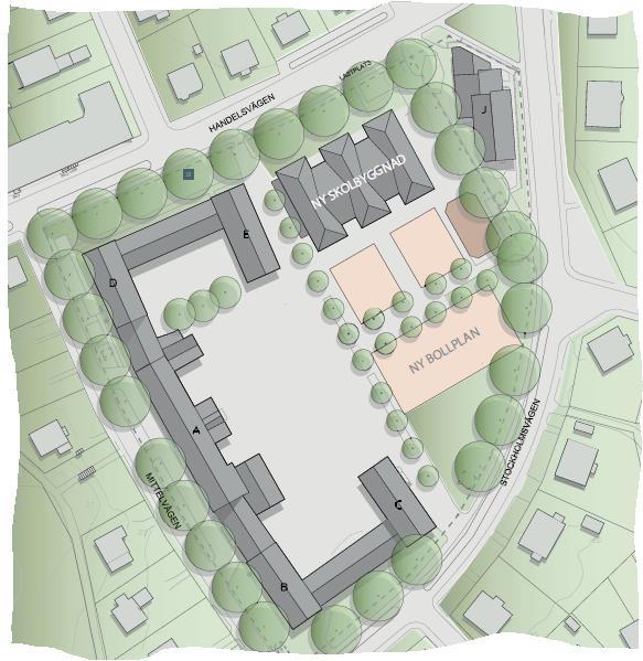 Sida 3 (6) Skolans situationsplan efter genomfört projekt Ny byggnad För att möta det ökade antalet elever och behovet av utökad kapacitet i matsal och gymnastiksalar uppförs en ny byggnad, hus M,