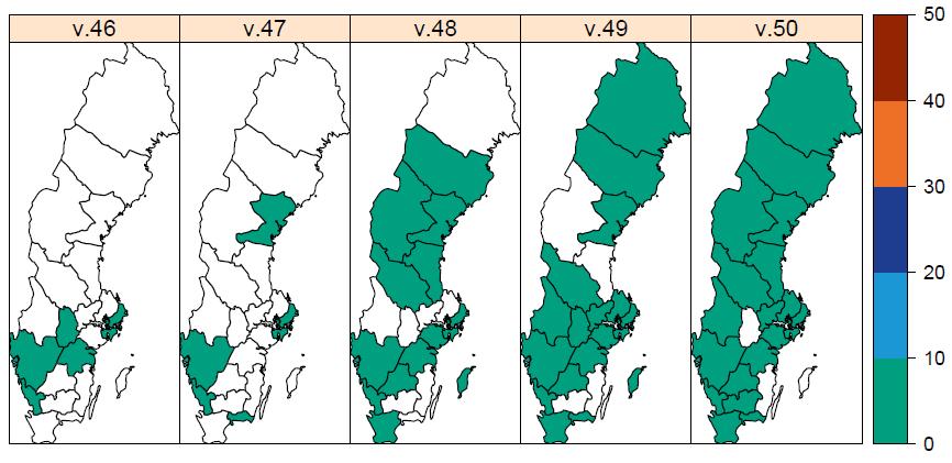 Sida 7 (15) Figur 1C. Andelen laboratorieanalyser positiva för influensa (alla typer) per, denna säsong och tidigare säsonger. Figur 2.