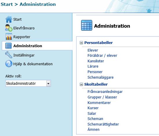 Administration En separat webbapplikation som är integrerad i Skola24 webbplattform används för administration samt för grundinställningar av systemet.