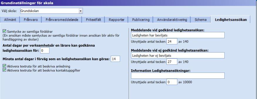 En aktivering av denna inställning innebär att samtliga föräldrar kopplade till eleven måste samtycka till en ledighet. Inställningen hanteras av skol- eller kommunadministratör.