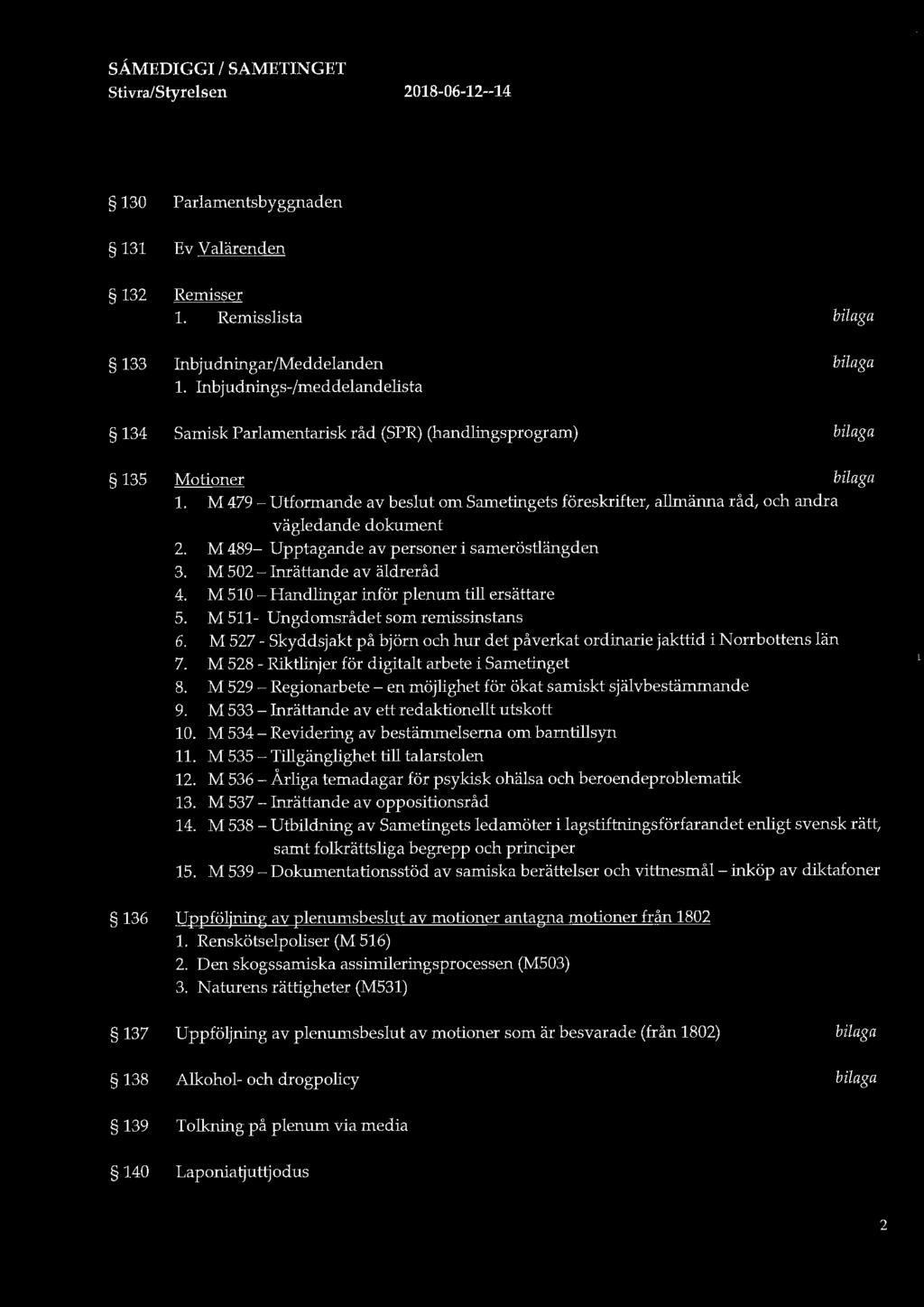 SÅMEDIGGI I SAMETINGET Stivra/Styrelsen 2018-06-12--14 130 Parlamentsbyggnaden 131 Ev Valärenden 132 Remisser 1. Remisslista 133 Inbjudningar/Meddelanden 1.