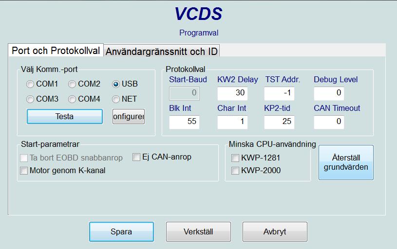 Snabbstart VCDS med HEX-V2-adaptern 2. Fäst den bifogade USB-kabeln till HEX-V2-adaptern. Anslut sedan adaptern till PC:n. 3. Klicka på knappen [Inställningar] (Options) a) Välj port USB.