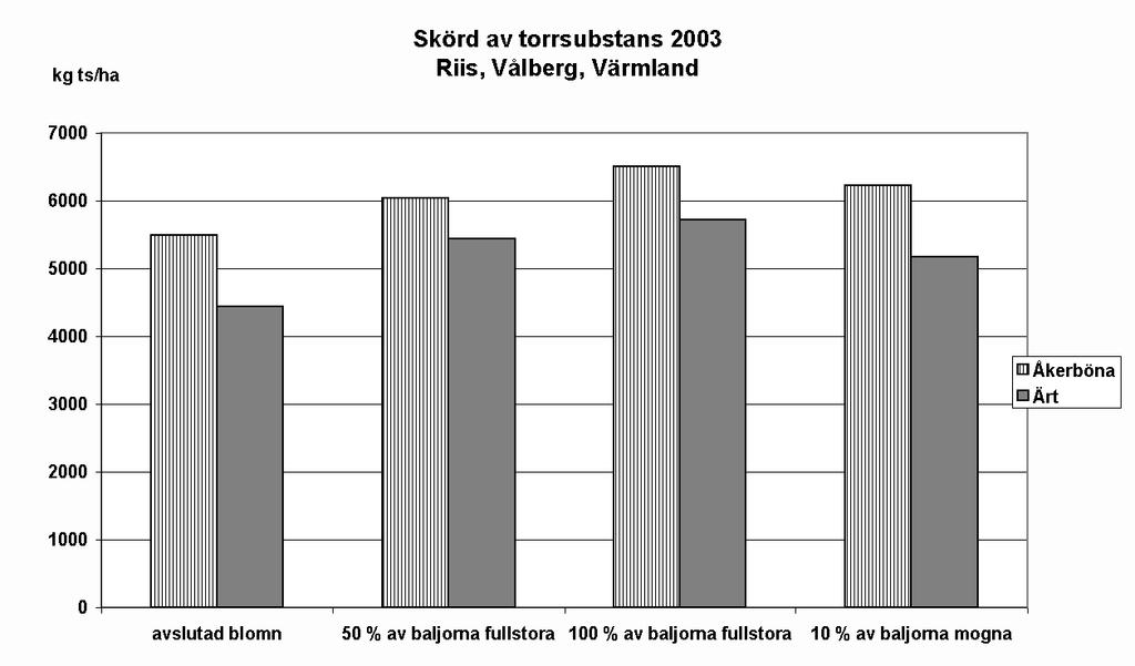 Figur 3. Skörd av torrsubstans, Riis, Vålberg, år 2002. Foderanalyser av grönmassan från 2002 finns redovisade i tabell 6.