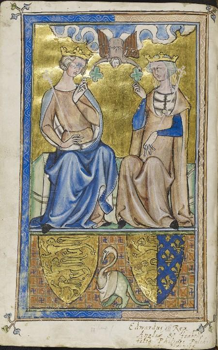 Nästa sida är en helsidesbild med kungen och drottningen sittande på en gemensam bänk. Bägge har prickad kantning på sina (fodrade?) plagg.