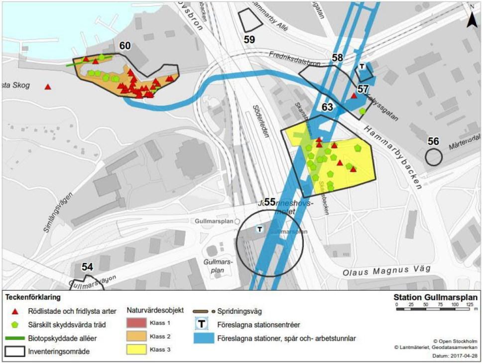 Sida 27 (93) Uppgång Mårtensdal Sundstabacken Kolerakyrkogården Uppgång Gullmarsplan Bild naturvärden kring station Gullmarsplan.
