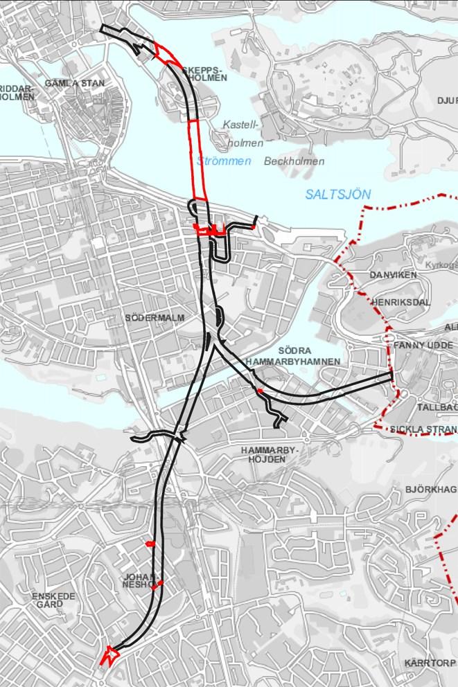 Sida 40 (93) Planområde för Blå linjen. Spårtunnels utformning Driftskede Blå linjen kommer att ansluta med växlar till befintlig Grön tunnelbanelinje norr om Sockenplan.