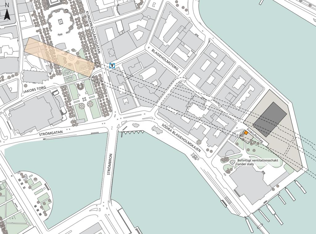 Sida 43 (93) Den nya tunnelbanan ansluter till Blå linjes befintliga spår där station Kungsträdgårdens plattform avslutas i öster, vilket i markplan motsvarar ett läge under sydöstra delen av