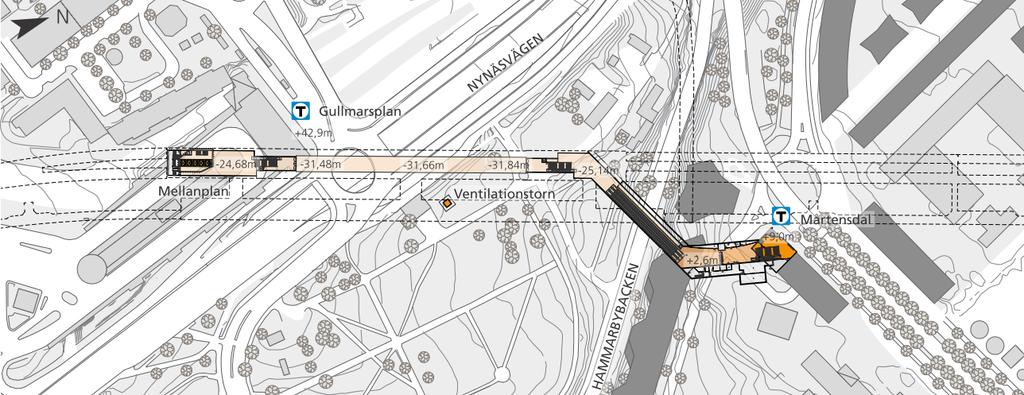 Sida 55 (93) Ny plattform med uppgångar i station Gullmarsplan, situationsplan. Anläggningar ovan mark markerade med gult. Längdsektion genom station Gullmarsplan, ny plattform.