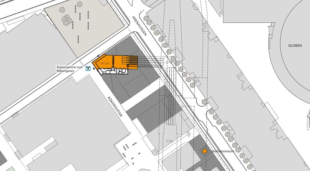 Sida 57 (93) Station Slakthusområdet, norra uppgången. Anläggningar ovan mark markerade med orange.