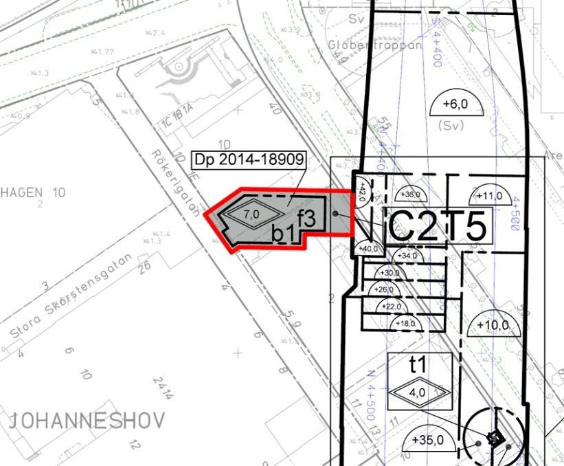 Sida 59 (93) Inzoomning från plankartan (nedan) visar röd avgränsning för ett område där gällande detaljplan ersätts med ny detaljplan för att möjliggöra Slakthusområdets norra stationsuppgång.