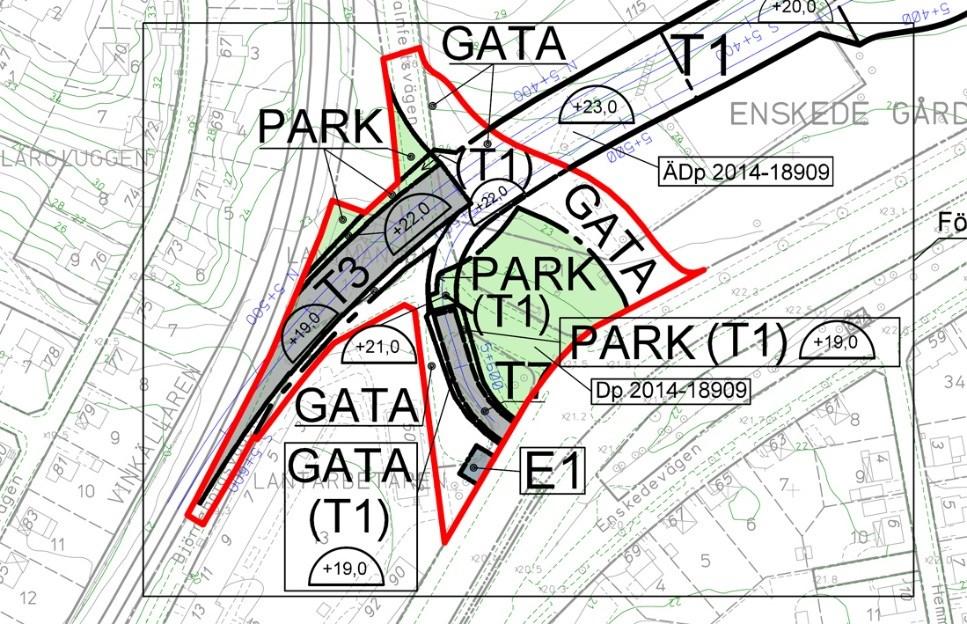 detaljplan. Parkmark och kvartersmark för skola och bostäder i gällande planer ersätts med användningen GATA.