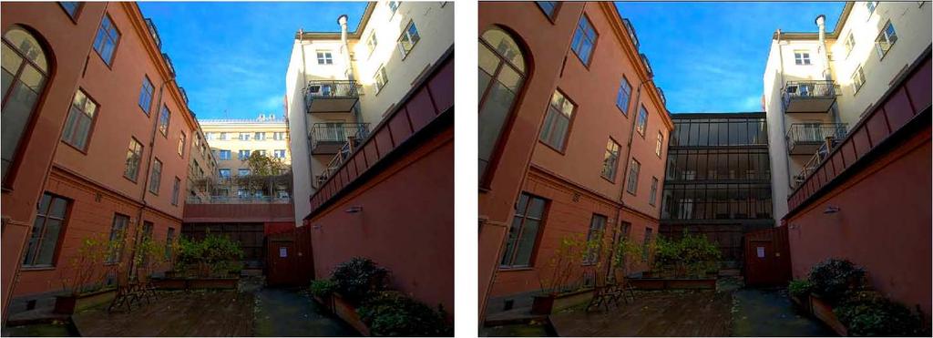 Sida 9 (11) Till vänster: Innergård, befintlig situation. Till höger: Innergård med tillbyggnad. Bildmontage: Ankar arkitekter.